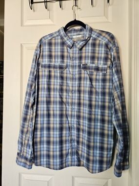 Columbia Shirt PFG Omni Shade Super Tamiami Fishing Blue Plaid Long Sleeves XL